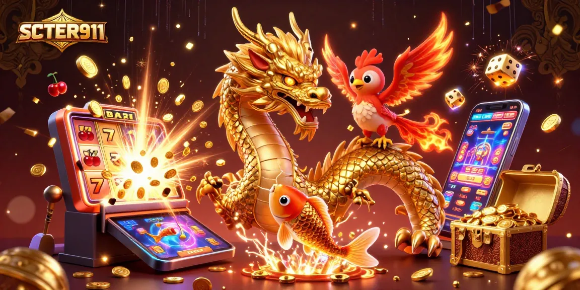 Engage with SCATTER911's thrilling scene, featuring a dragon, phoenix, and koi fish amidst dynamic casino elements.