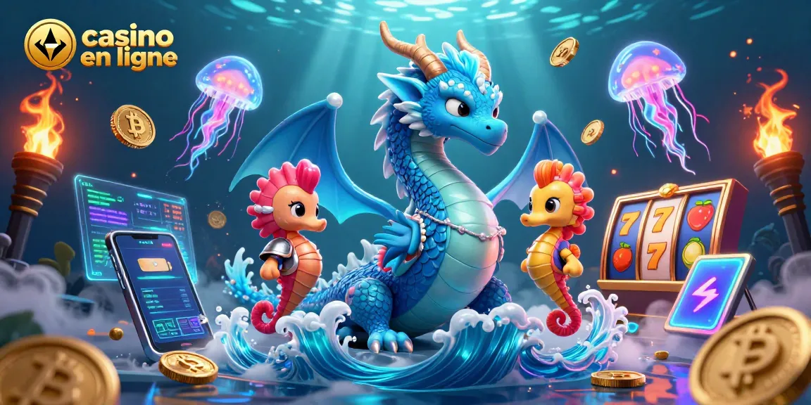 Plonger dans l'univers captivant du casino en ligne avec un dragon azur, un chevalier hippocampe et des symboles de machines à sous.