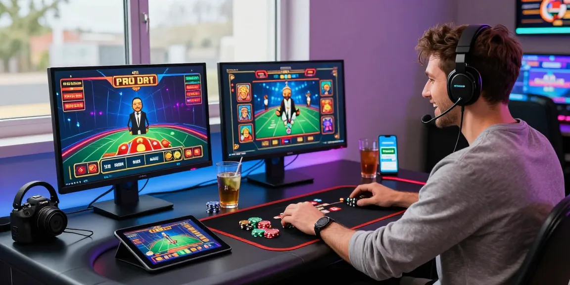 Fesselnde Szene eines Spielers in einem Paysafe Card Casino, der Live-Dealer-Spiele mit modernen Accessoires und lebhaftem Licht genießt.