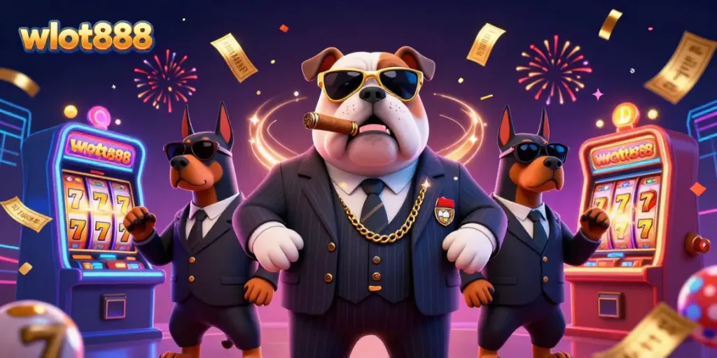 Permainan slot dengan wslot888 menampilkan bulldog mafia dan bodyguard Doberman dikelilingi simbol keberuntungan.