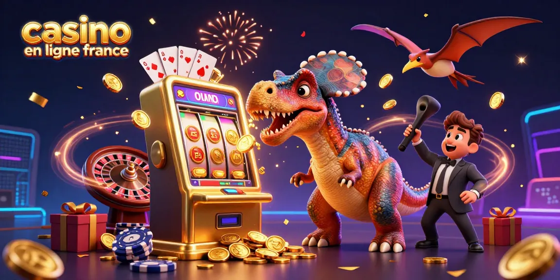 Jouer au casino en ligne France avec un tyrannosaure, machine à sous, et pièces d'or fuyant.