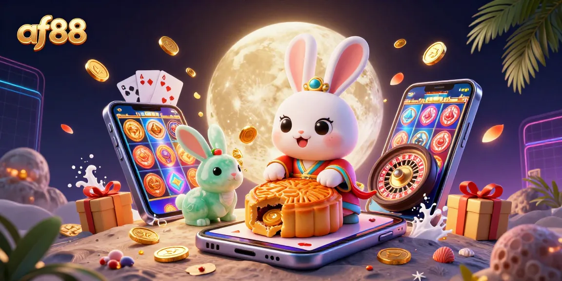 Engage with af88’s vibrant online gaming world featuring a 3D moon rabbit and dynamic casino elements.
