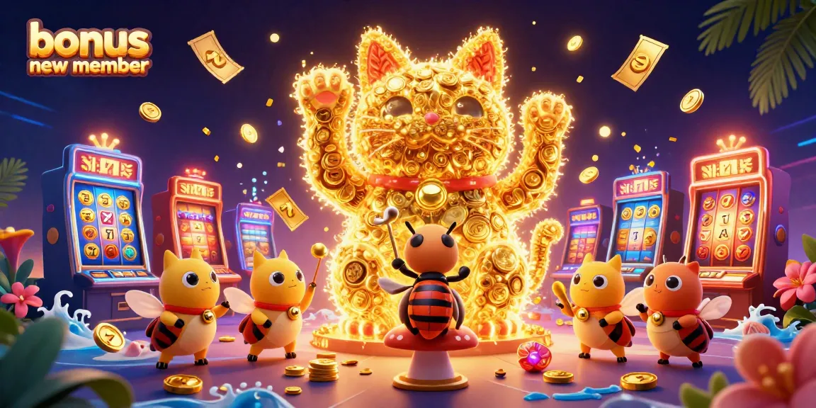 Watch the golden lucky cat and conductor beetle celebrate bonus new member offers among colorful slot reels.