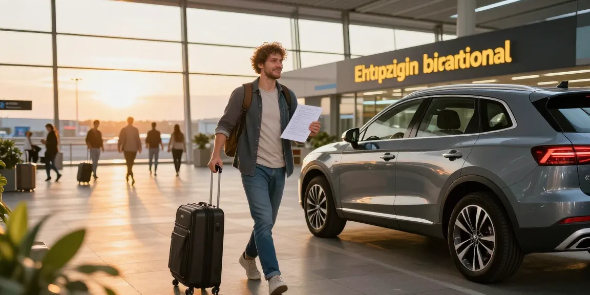 Rent a car chisinau airport scene with a happy traveler at sunset.