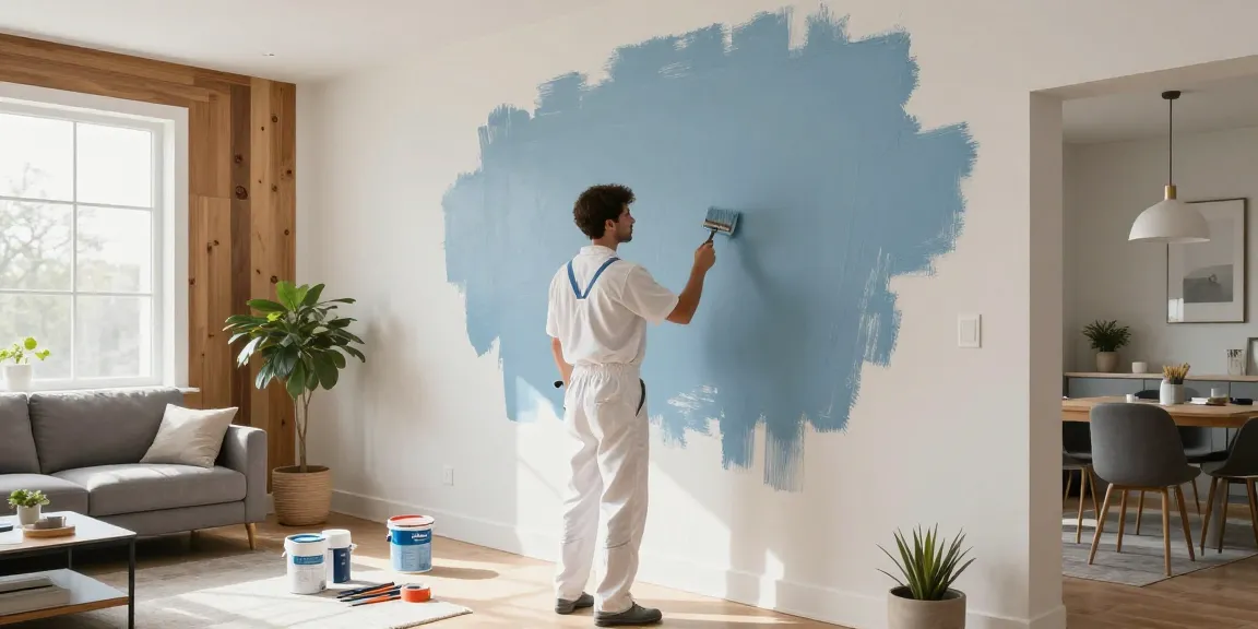 Interior house painting Beaverton OR with a painter refreshing blue walls in a cozy living room.