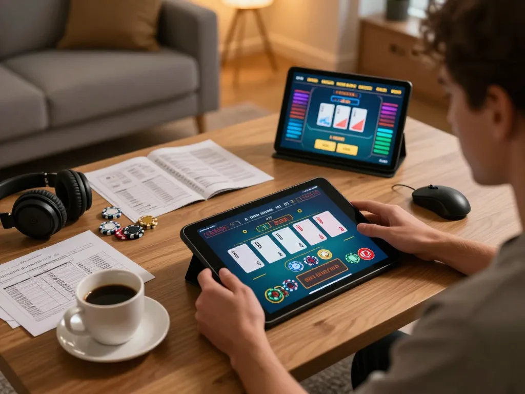 Player enjoying a live dealer game on gem88 tablet at home, showcasing strategic betting.