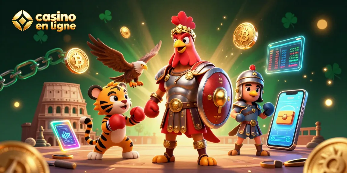 Jouez aux jeux de casino en ligne avec un coq gladiateur et un tigre, illustrant la fortune et le divertissement.