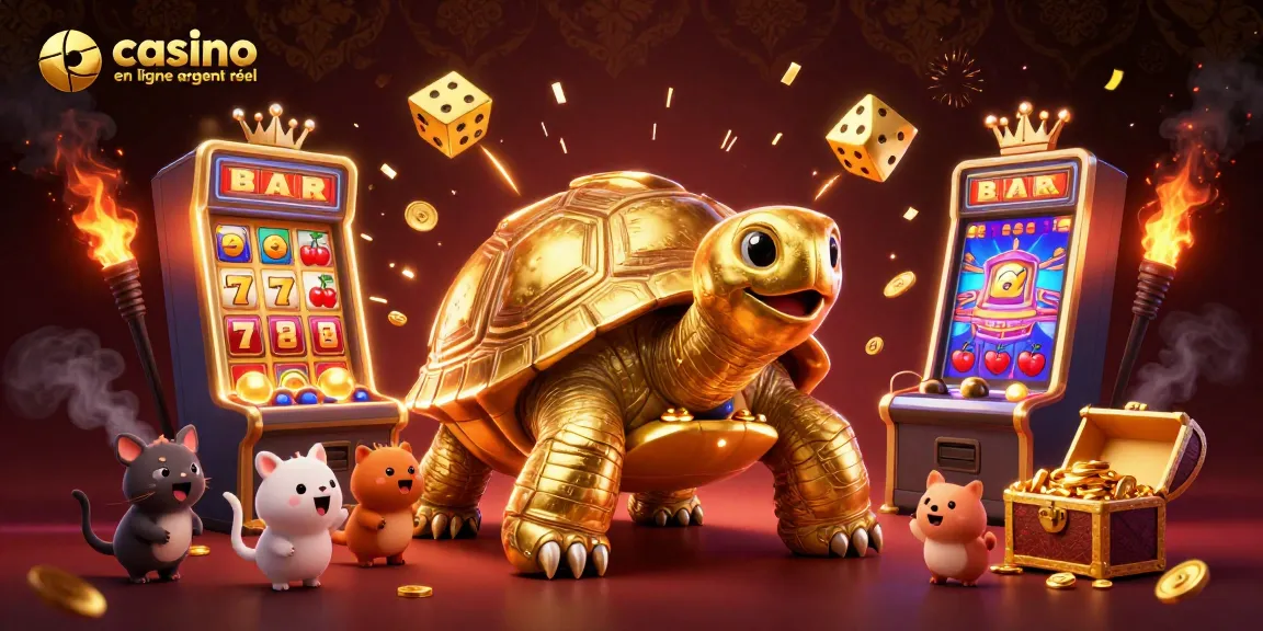 Jouez sur casino en ligne argent réel avec cette illustration 3D ! Tortue dorée, machines à sous, et trésors vous attendent.