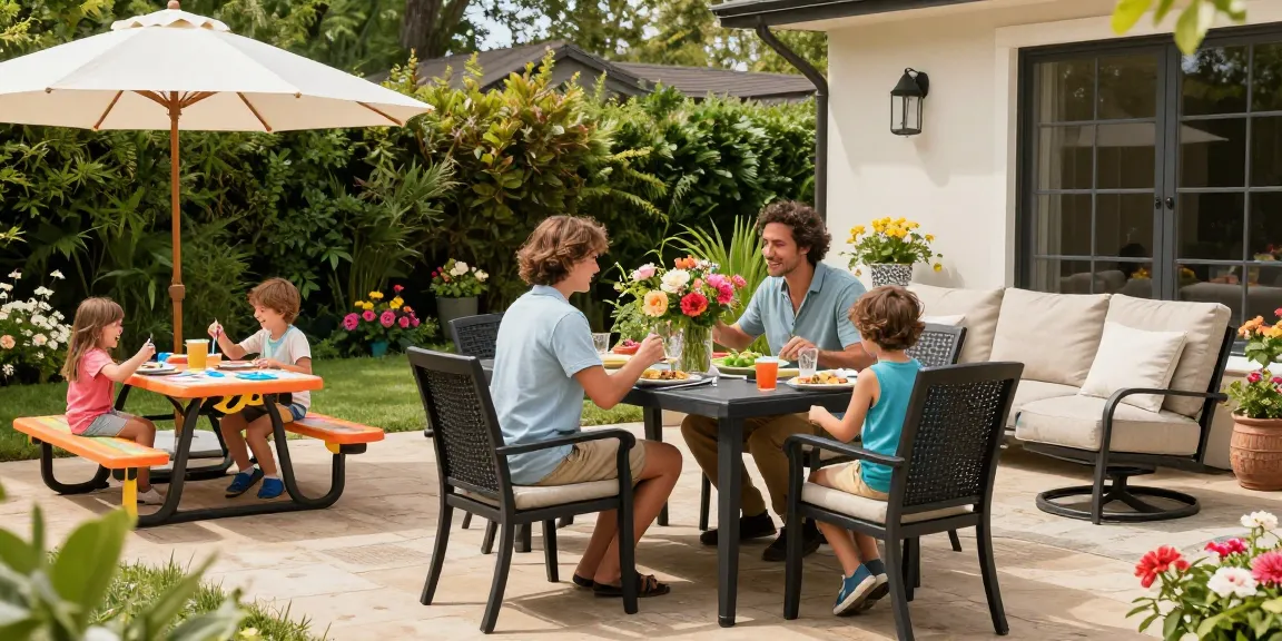 Outdoor patio furniture setting featuring a Lotus dining set, Camden sofa, and kids' picnic table, ideal for family gatherings.