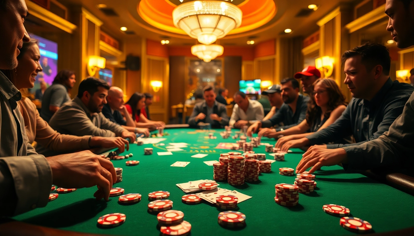 Menggambarkan situasi kasino penuh semangat dengan duniabet dan pemain terlibat dalam permainan.