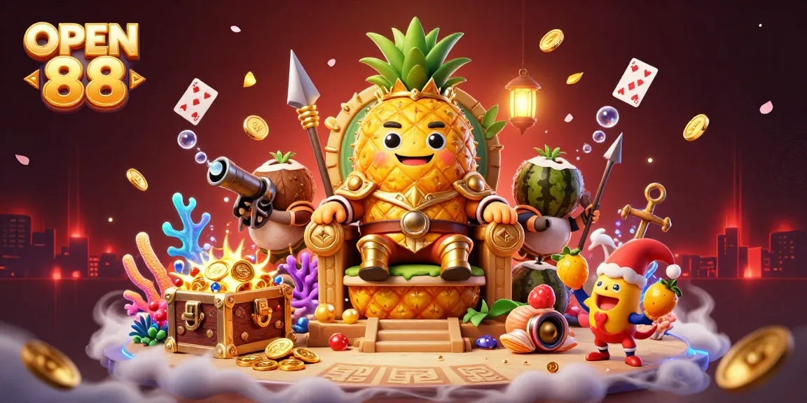 Experience the excitement of OPEN 88 where the pineapple king reigns in a lively casino beach scene.