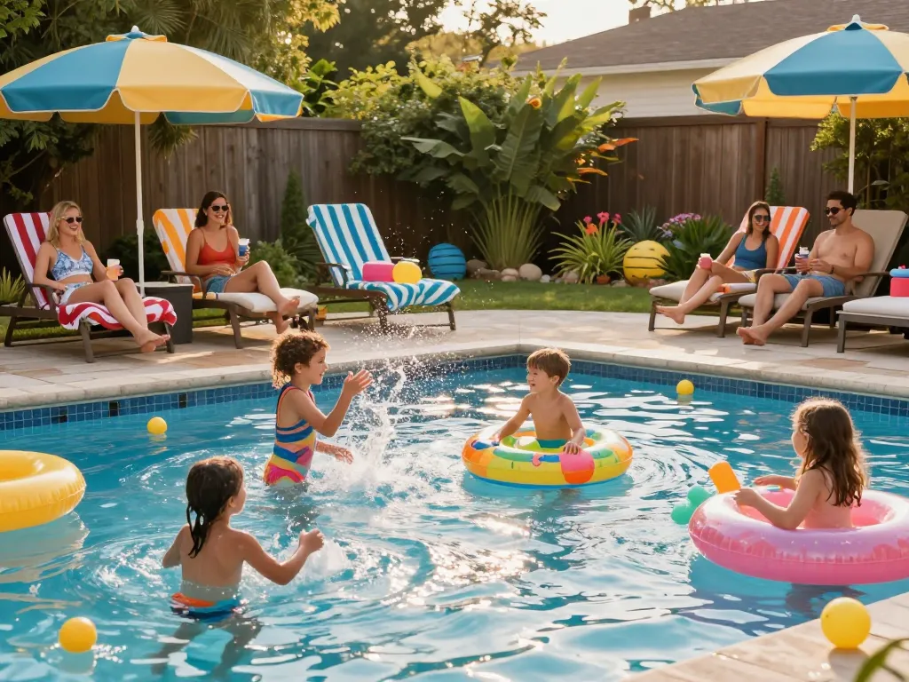 Dolphin Pool Services family enjoying summer pool party in vibrant backyard.