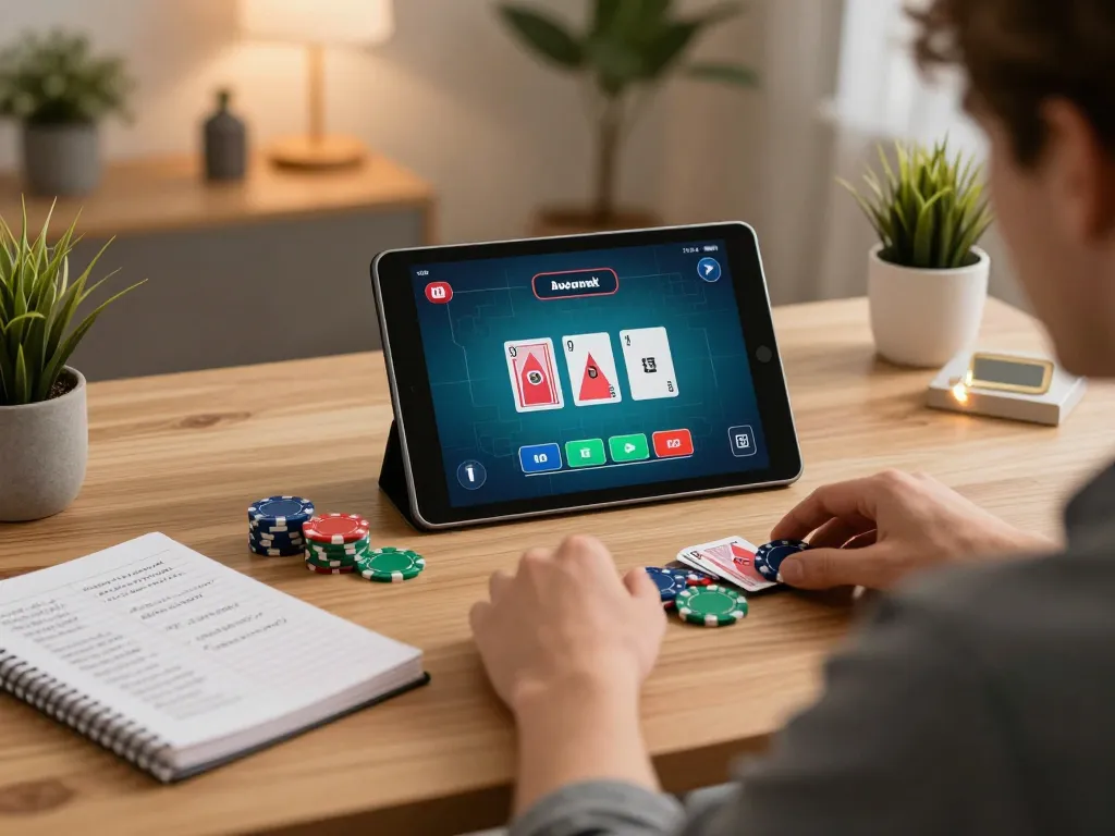 RR88 player strategizing poker moves on a tablet with betting notes in cozy home office.