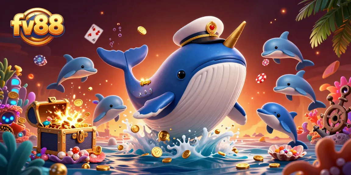 Experience exhilarating casino play with fv88, featuring a vibrant scene of a whale and friends amidst treasures.