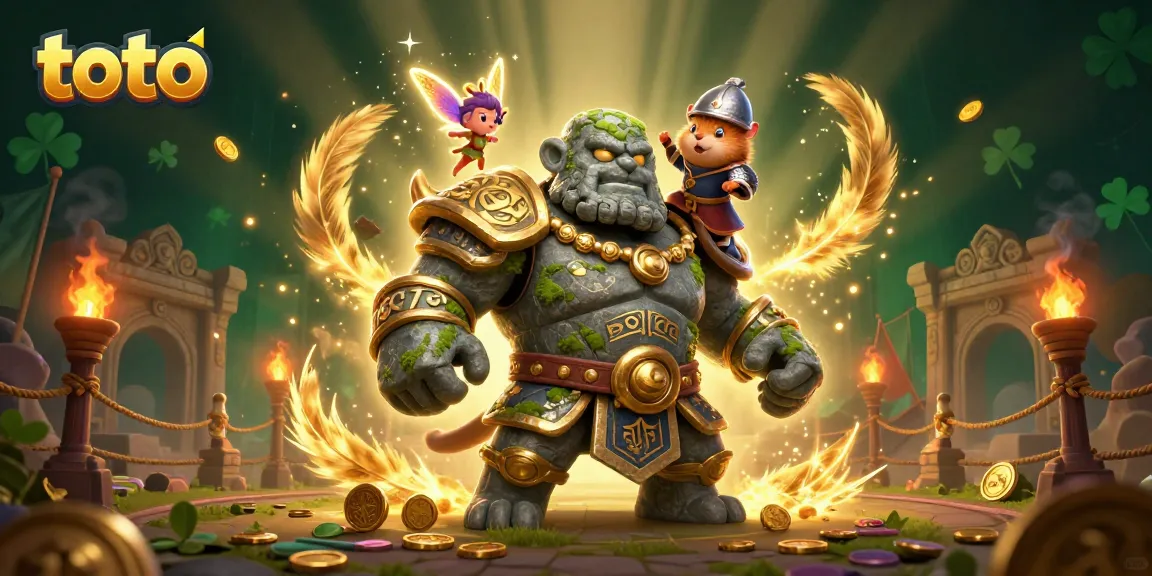 Experience thrilling toto games with a golem guardian and magical fairy in a vibrant casino scene