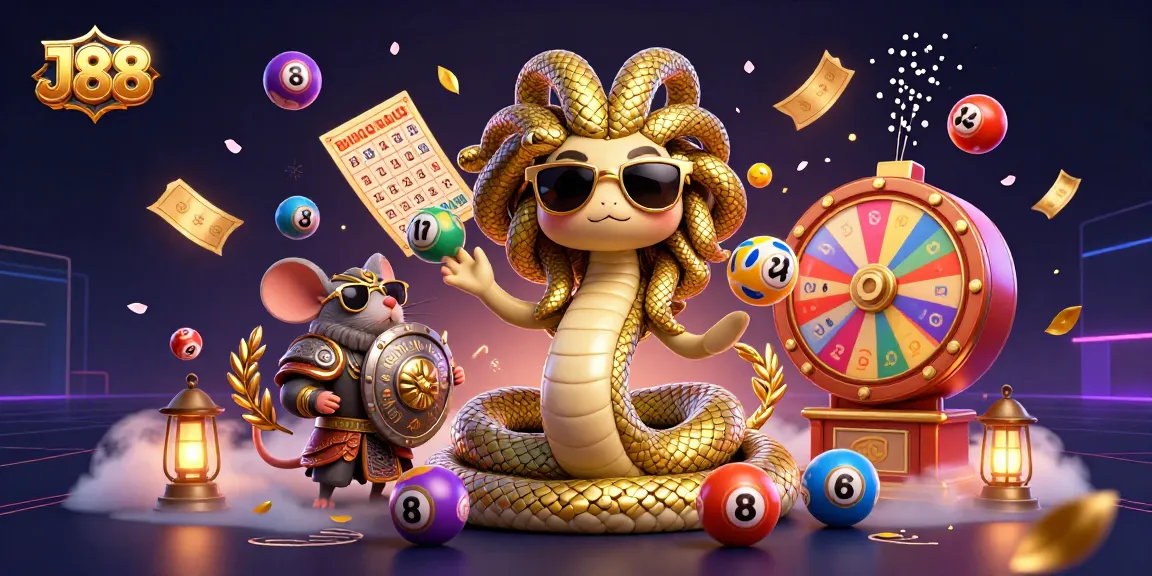 Experience J88's lottery excitement with dynamic bouncing balls and charming characters in a vibrant scene.