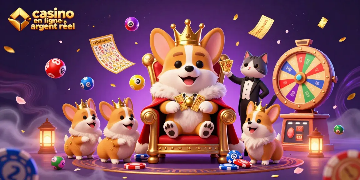 Vivez l'excitation au casino en ligne argent réel avec cette illustration 3D vibrante mettant en scène un corgi royal sur un trône de jetons de poker.