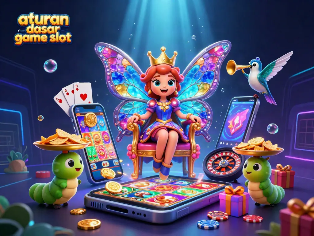 Memahami aturan dasar game slot dalam ilustrasi 3D dengan karakter ratu kupu-kupu dan elemen game kasino.