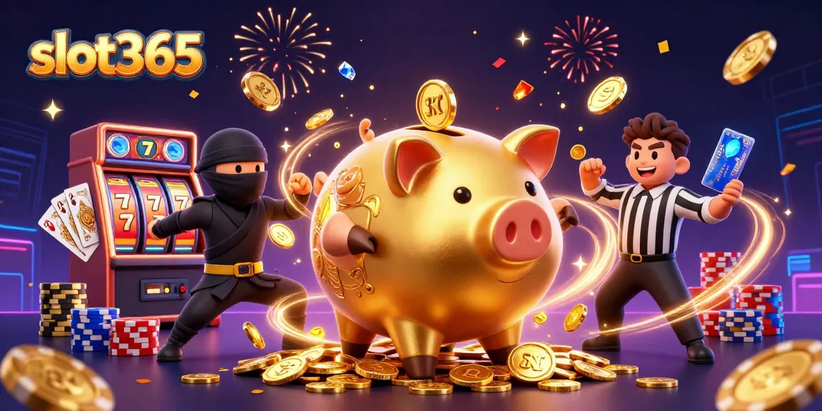 Experience the excitement of slot365 with a golden piggy bank sumo wrestler surrounded by casino elements.