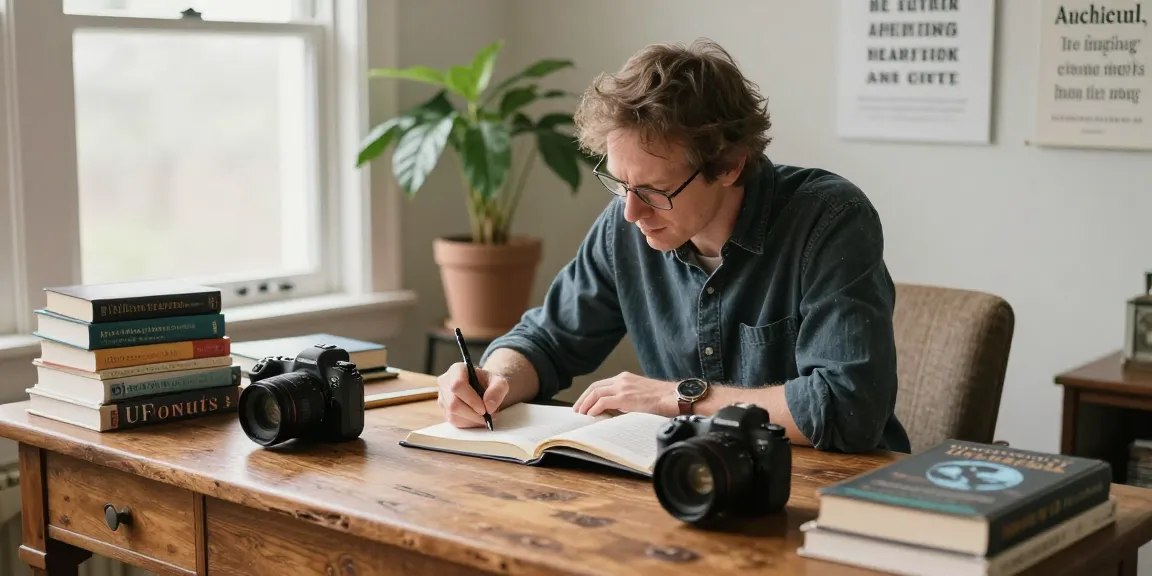 Writing scene at https://tallengreenfield.com with T Allen Greenfield surrounded by books on UFOs and spirituality, warm inviting atmosphere.