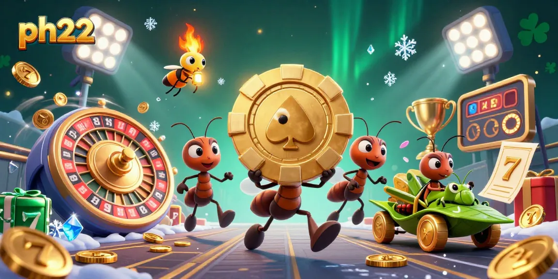 ph22 brings excitement with cartoon ants heisting a giant poker chip amidst dynamic casino elements.