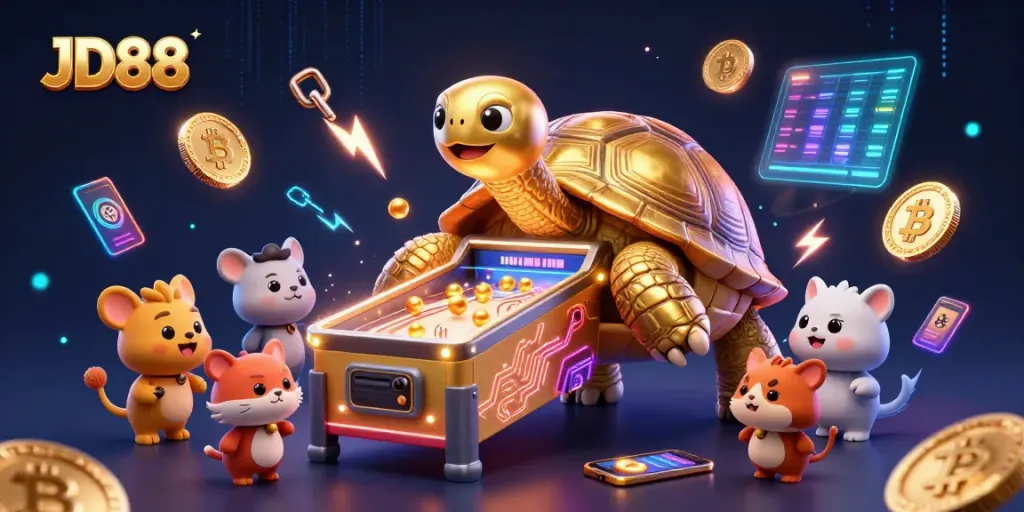 Experience thrilling gameplay at JD88 featuring a golden tortoise pinball machine surrounded by vibrant crypto elements.