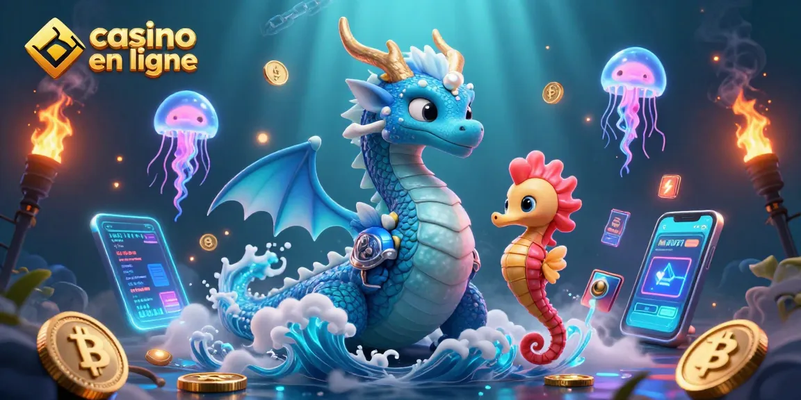 Plongez dans le monde du casino en ligne avec un dragon majestueux et un chevalier hippocampe parmi des éléments de jeux de crypto-monnaie.