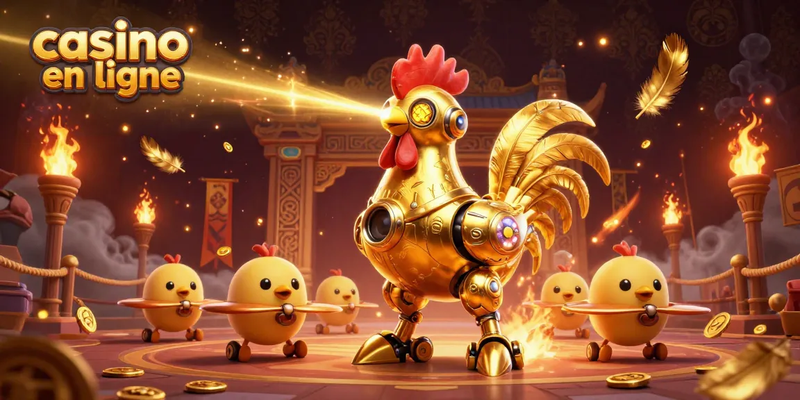 Casino en ligne : illustre un robot coq d'or combattant avec des drones poussins dans une arène.