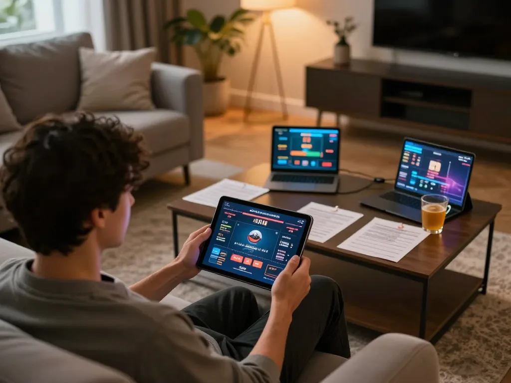Engaging with bugatti8's online platform, a player enjoys strategic gaming from a cozy home setup