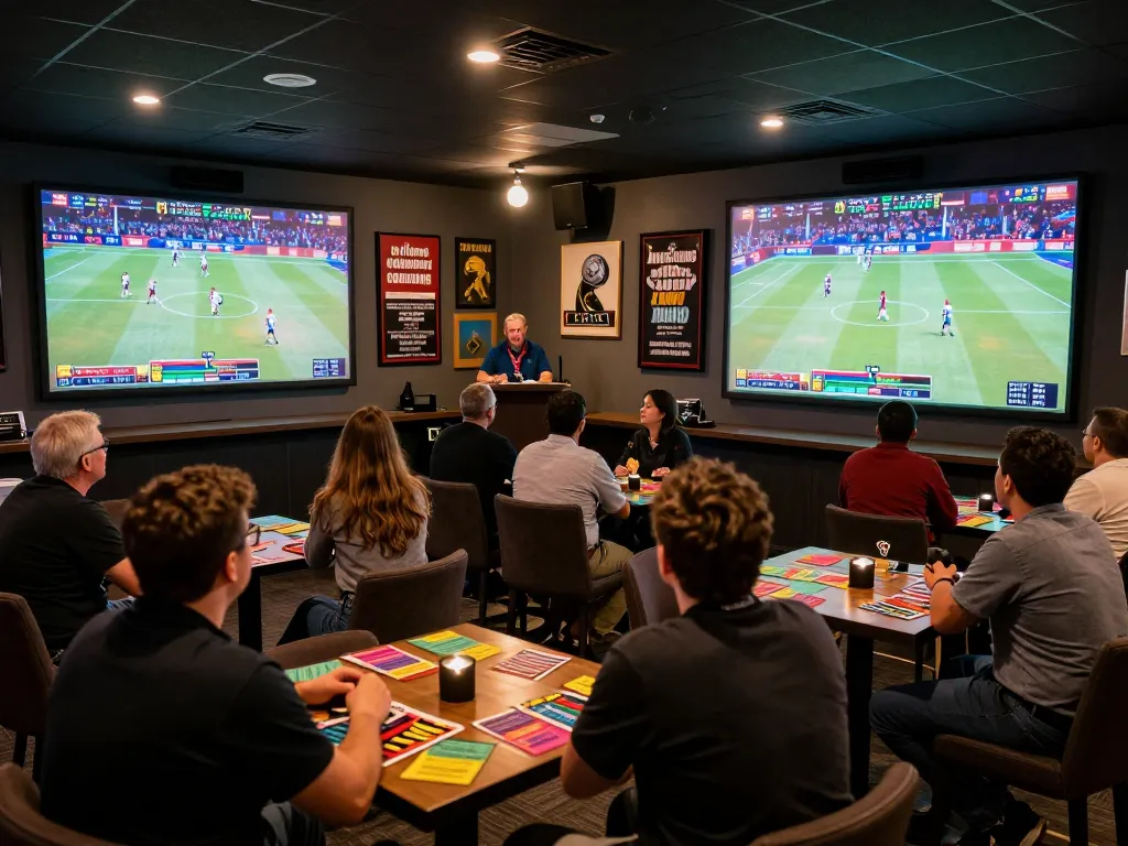 Betbet sports enthusiasts engaged in strategic betting during a live event in a lively atmosphere.
