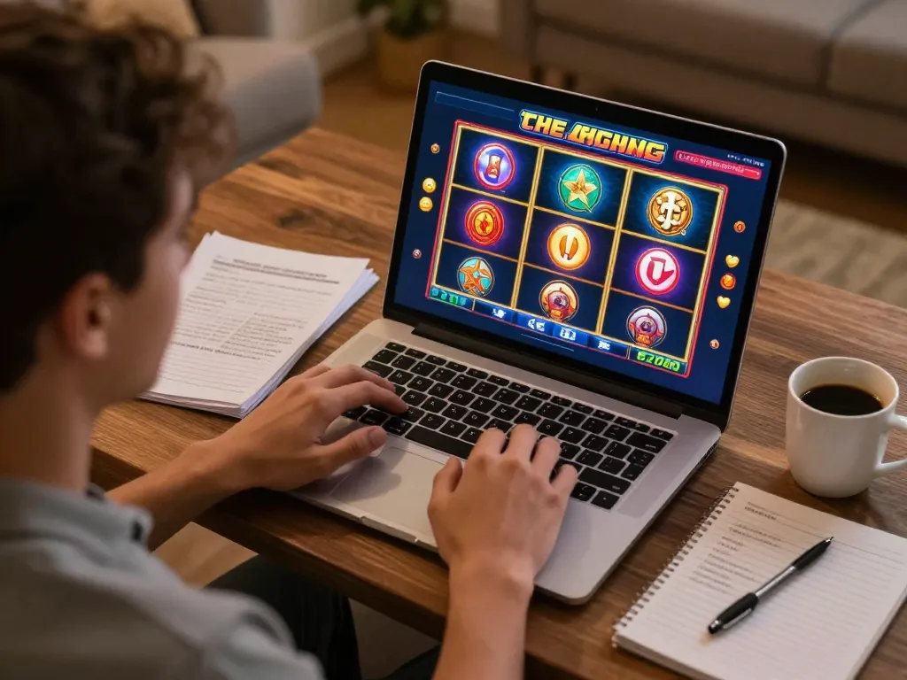 Player using their laptop for online slots at home, highlighting o8 gaming strategies.