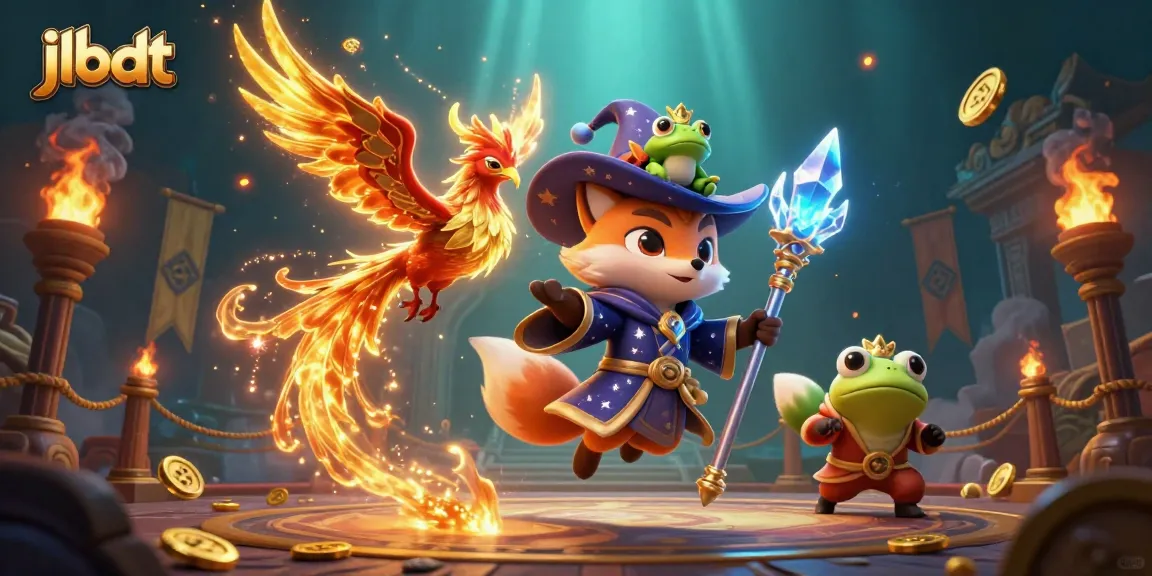 Engage with the thrilling magic of jlbdt through this vibrant casino-themed illustration, showcasing a wizard fox and phoenix.