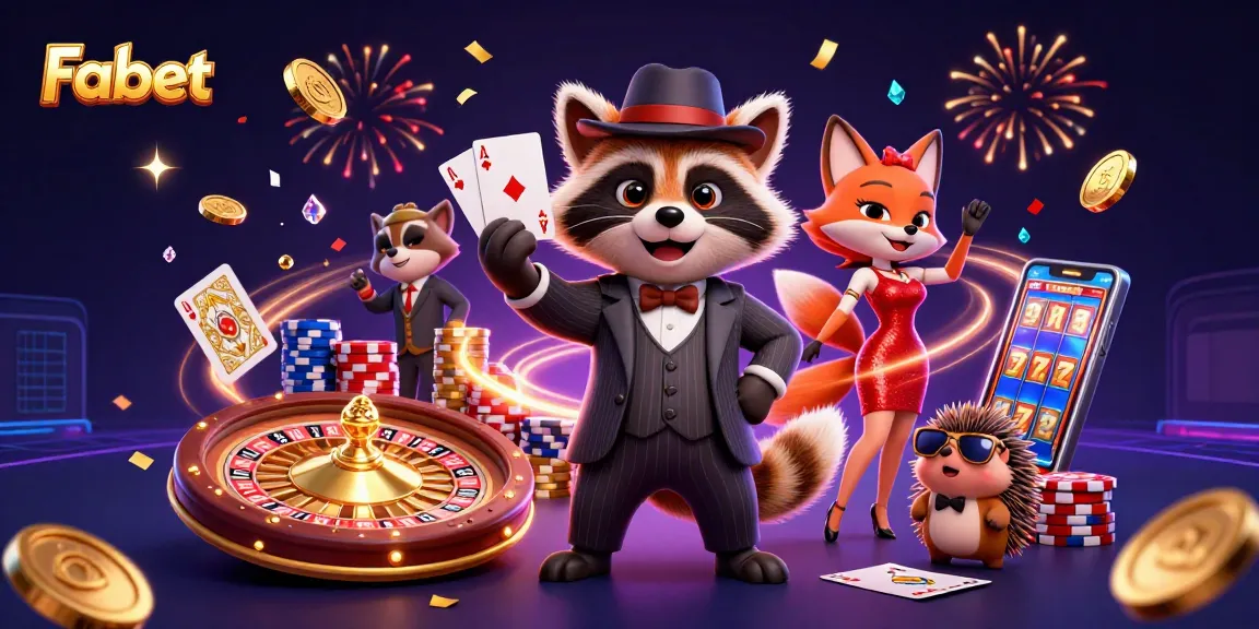 Join the excitement of Fabet with a dynamic casino scene showcasing a raccoon, fox, and hedgehog.