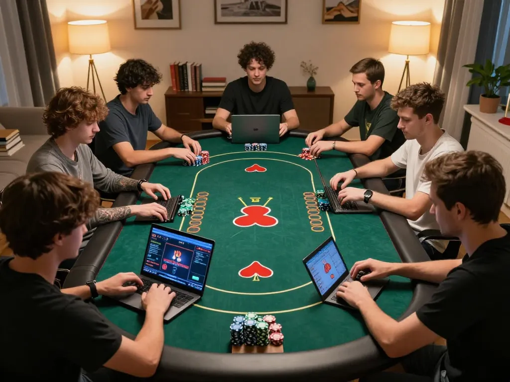 Luck8 players engaged in online poker, showcasing vibrant digital tables and strategic gameplay in a cozy home.