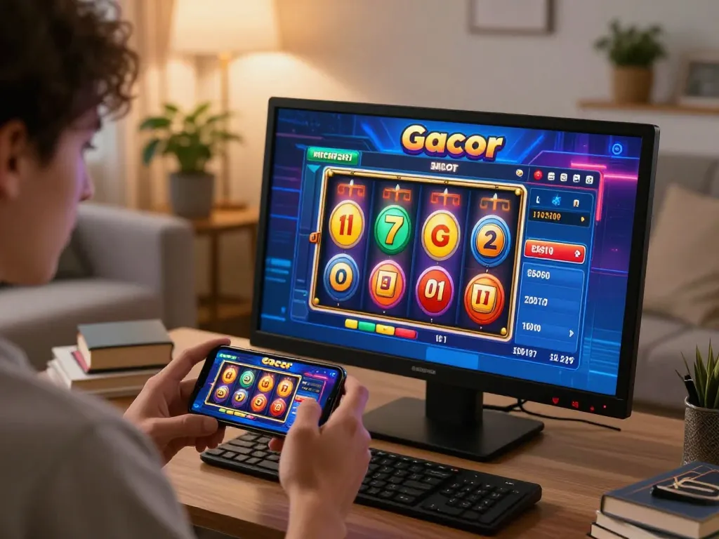 Engaging slot gameplay on a smartphone featuring gacor games in a cozy home setting.