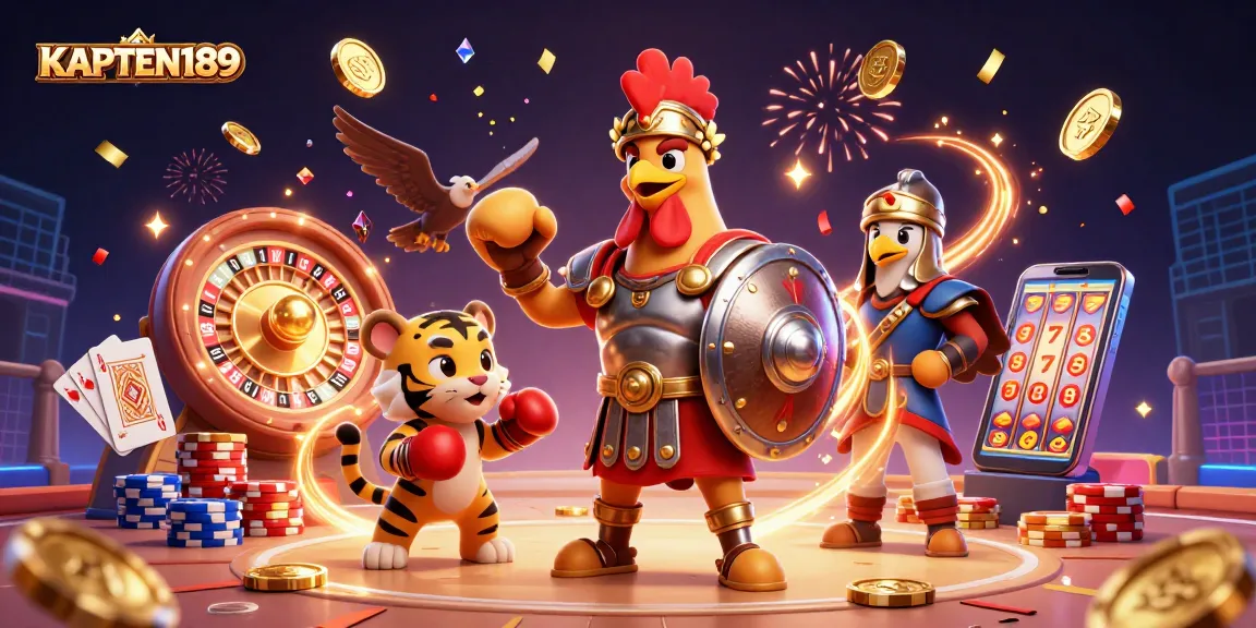 KAPTEN189 menyajikan ilustrasi 3D menarik dengan simbol-simbol keberuntungan seperti koin emas, kartu poker, dan mesin slot yang mencerminkan dunia kasino.