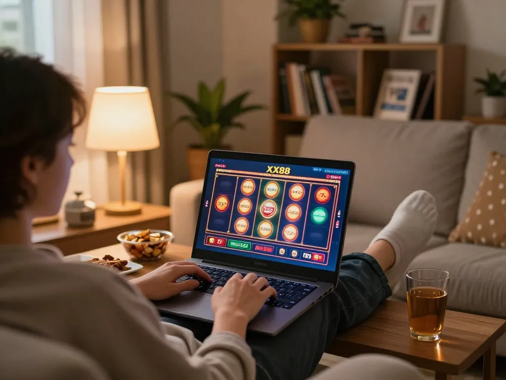 Player enjoying online gaming with XX88 on a laptop in a cozy living room setting.