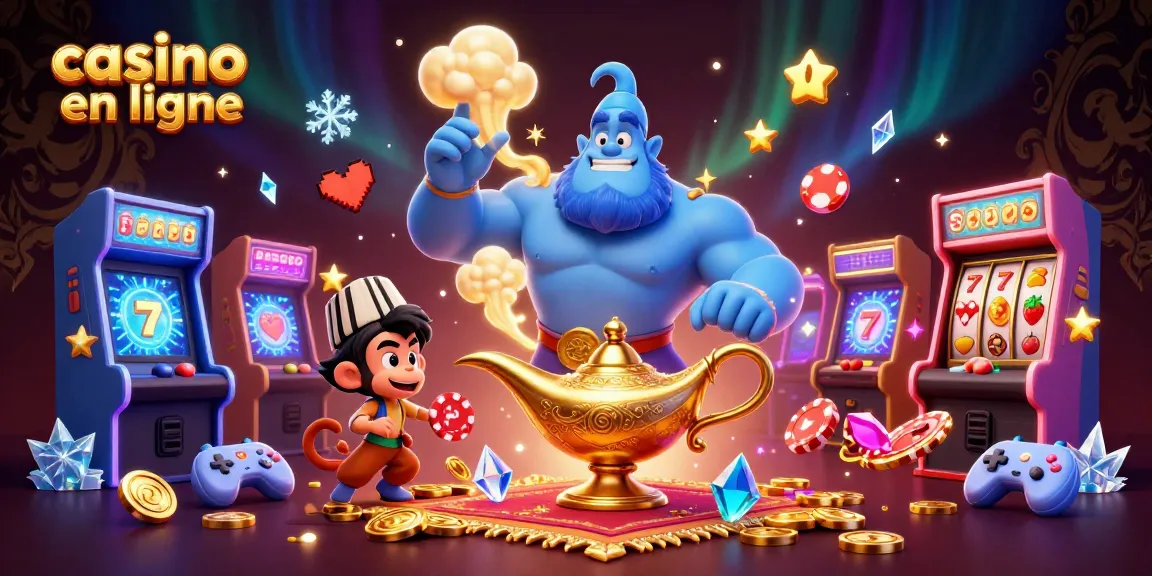 Découvrez une illustration numérique 3D riche intégrant "casino en ligne" avec une lampe magique et un génie, entourés d'éléments de jeux d'arcade.