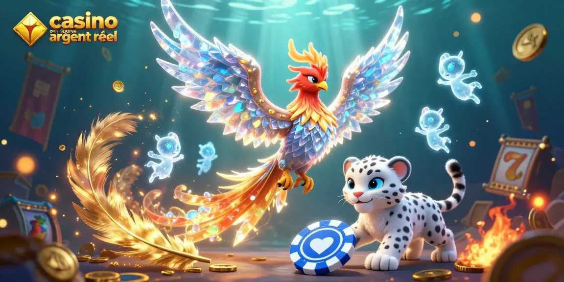 Jouez dans un casino en ligne argent réel avec une illustration de phoenix de glace et un chaton de léopard.