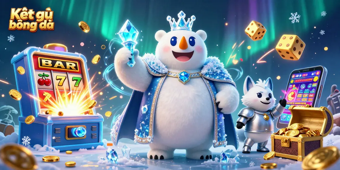 Kết quả bóng đá showcases intense action with a 3D polar bear king and snowy fox, exploding slots, and vibrant energy.