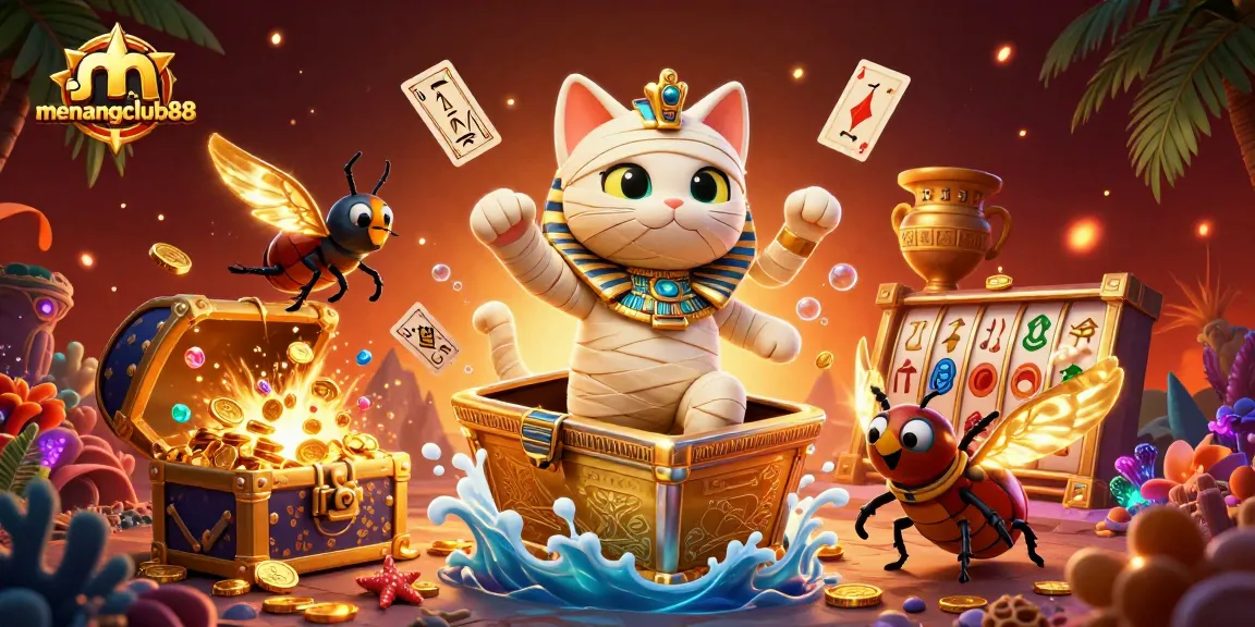Experience the thrill of winning at menangclub88 with a dynamic 3D casino scene featuring an Egyptian mummy cat and treasure galore.