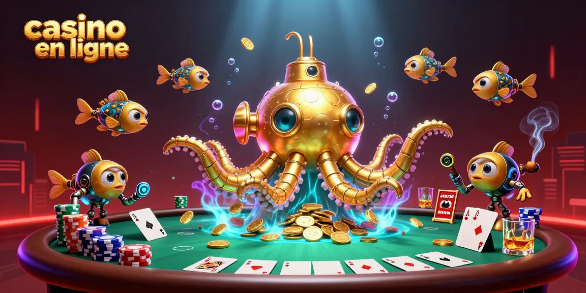Plongez dans l'univers du casino en ligne avec des personnages sous-marins entourés de cartes et de jetons.