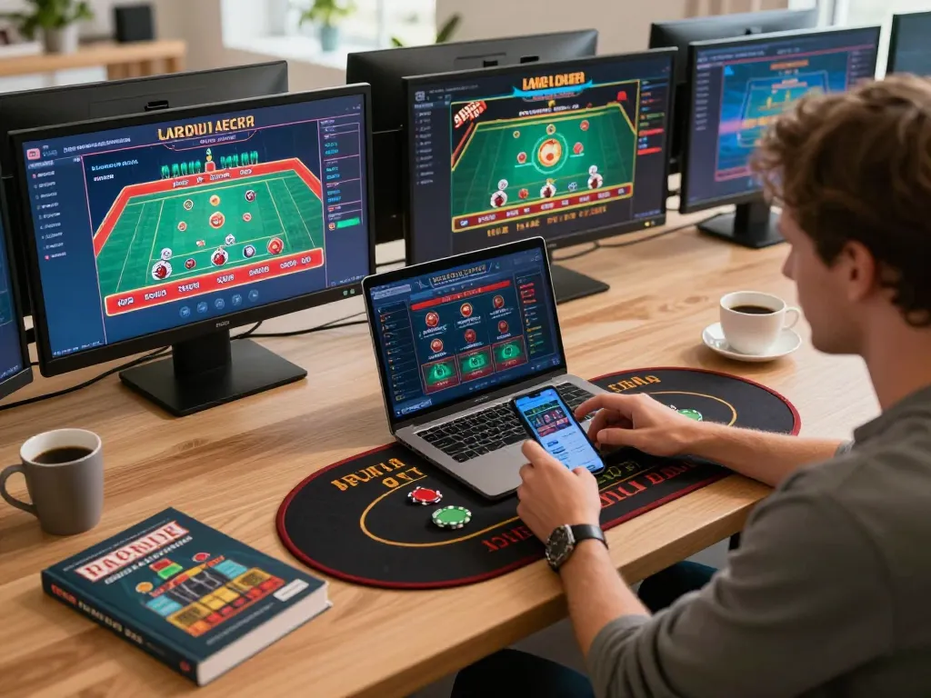 Engaging in live dealer blackjack on a professional gaming setup, showcasing vipwin strategies.