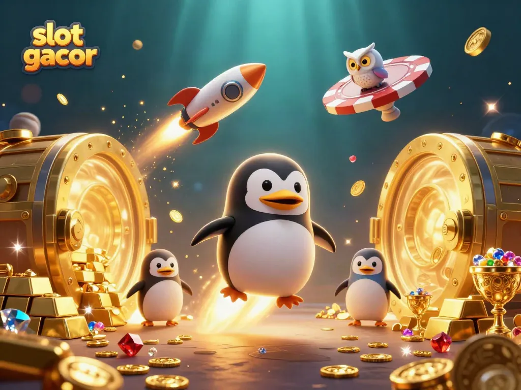 Experience the thrill of slot gacor with a golden penguin flying toward a casino space station.