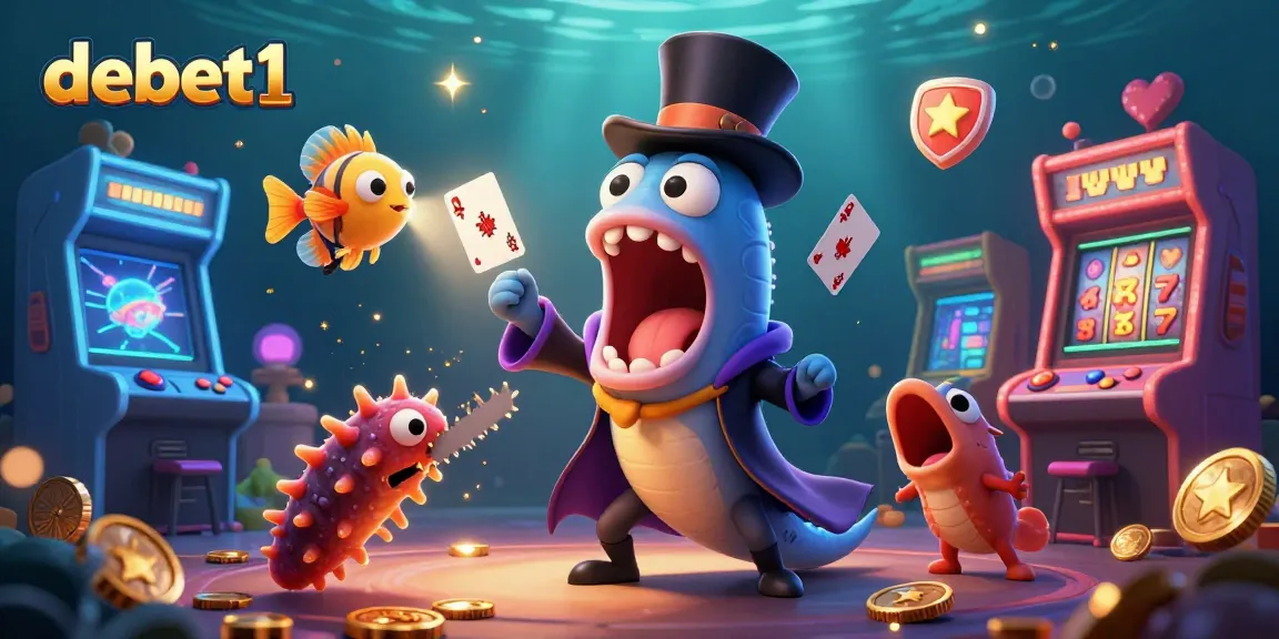 Engage with debet1's colorful 3D casino-themed underwater scene featuring a bioluminescent eel and anglerfish.