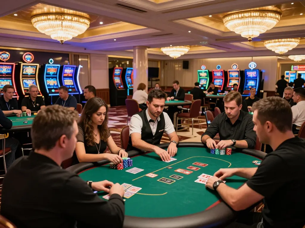 Engaged players at Onbet casino table strategizing their poker game amidst vibrant lights and luxury.