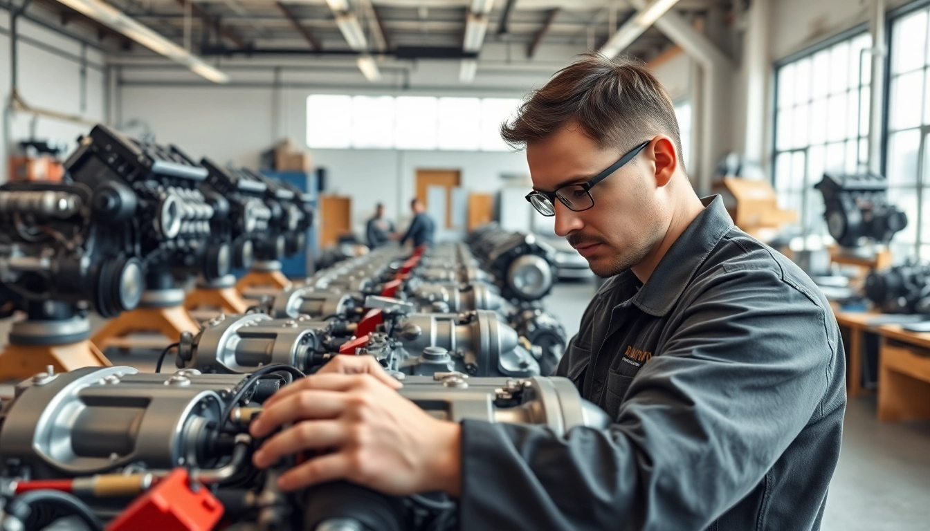 Technician assessing multiple used engines in a bright workshop with clean organization.