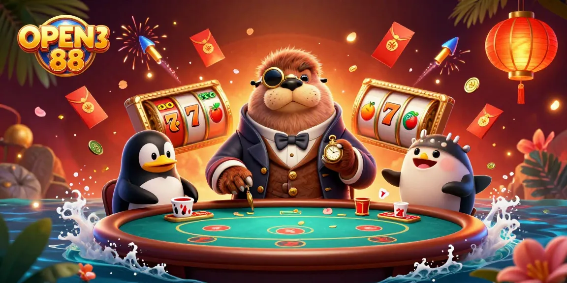 Experience the thrill of OPEN88 with a jolly walrus playing poker underwater amidst vibrant casino elements.