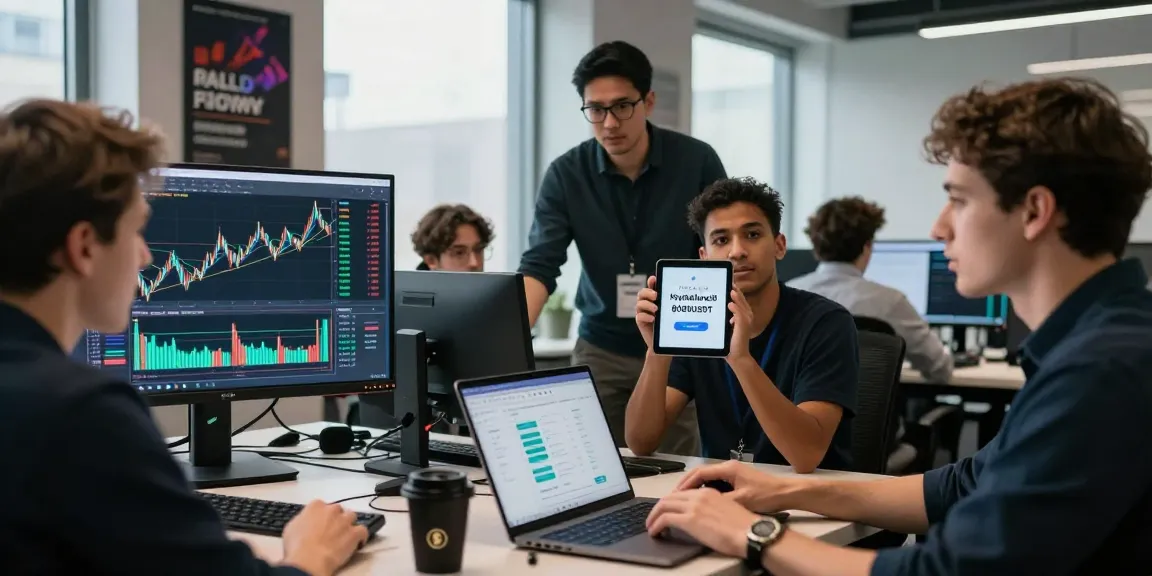 Traders discussing the Hyperliquid referral code (8000USDT) in a modern finance office, surrounded by cryptocurrency charts.