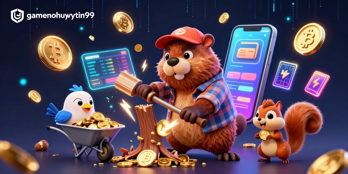 Join the fun at gamenohuuytin99 as the cartoon beaver collects gold coins in this vibrant illustration.